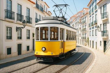 Fototapeta premium Bright yellow vintage tram on cobblestone street with classic European buildings in background under sunny daylight, travel and nostalgia concept. Ai generative