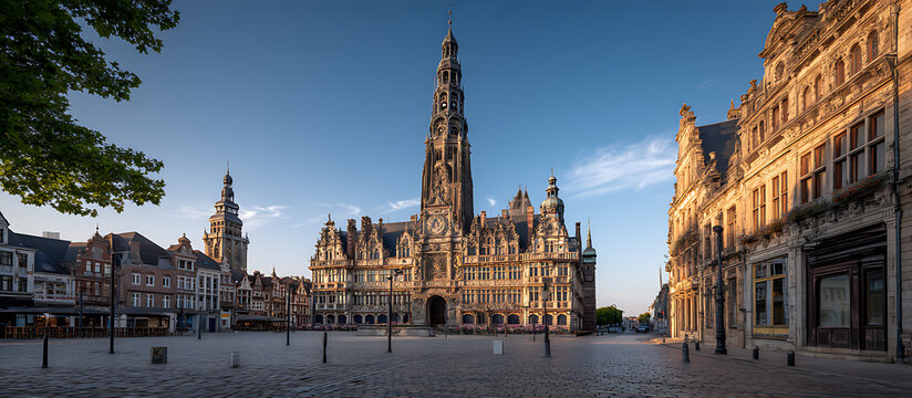 Grand place in belgium showing the town hall of leuven during daytime with cobblestone square