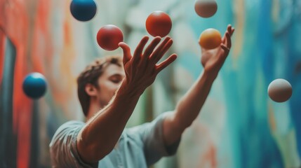 A person juggles colorful balls in mid-air.