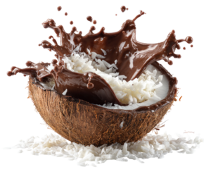 Chocolate splashing into a coconut half filled with shredded coconut