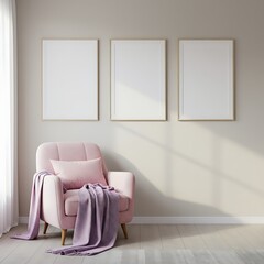 穏やかな光とピンクの安らぎ ３枚の絵画とソファ