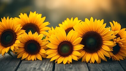 Obraz premium Sunflowers on a rustic wooden surface with warm golden tones and natural sunlight.