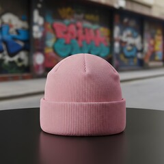 淡いピンクのニット帽、街の落書き背景