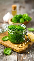 Jar of pesto on a wooden board. Fresh basil, pine nuts, garlic, and cheese are visible
