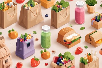 Colorful array of healthy lunch options with fresh fruits and vegetables