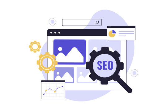 Image Optimization for SEO and Website Performance. A Professional Working on a Website, Highlighting the Importance of Optimizing Image Files for Faster Loading Speed. Vector Flat Illustration