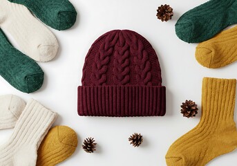 深紅のニット帽と秋色の靴下