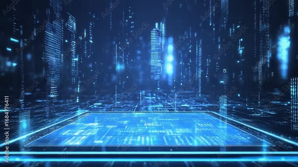 Poster futuristic tablet showing transforming digital data flowing into cyberspace