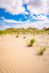 Wild dune landscape at the eastern end of the North Sea island of Norderney with dune grass in fine sand. The Wadden Sea National Park is a famous World Heritage Site and popular holiday destination.