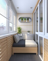 A cozy, light-filled balcony featuring a light wood sectional sofa, accented with patterned cushions, overlooking a snowy landscape.