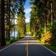 Scenic road through a lush forest, leading to a tranquil lake