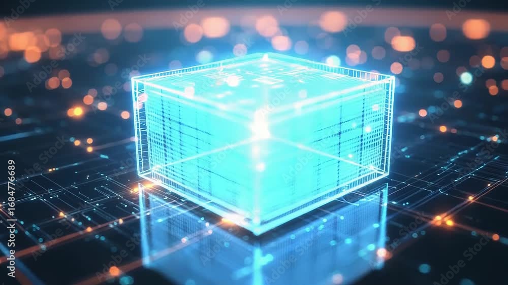 Poster glowing cube hologram floating over circuit board reflecting on surface