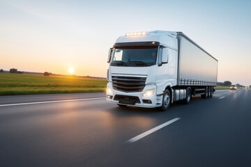 Naklejka premium Modern white semi truck driving on highway at sunset with motion blur effect on background, symbolizing fast freight transport concept.