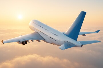 Obraz premium Large passenger airplane flying above clouds with sunrise light in soft background, symbolizing modern air transport concept and travel freedom.
