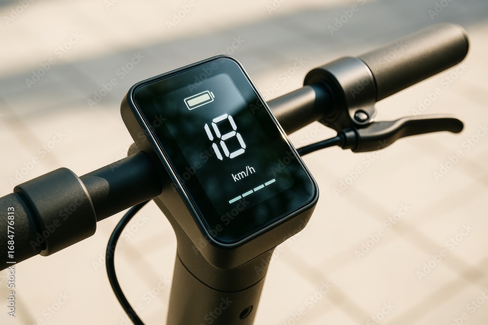Poster close-up of modern electric scooter handlebar with digital speedometer display showing 18 km/h on a 