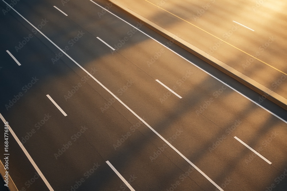 Poster empty multilane highway with sunset light and long shadows, emphasizing peacefulness and open road c