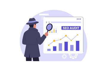 SEO Audit and Website Performance Analysis. A Detective-like Professional Inspecting SEO Metrics and Data to Find Issues and Improve Search Engine Ranking. Vector Flat Illustration