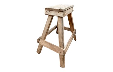 A rustic wooden stool with a weathered square seat and sturdy angled legs, isolated on a white...