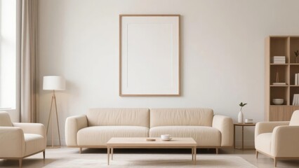 Minimalist living room with beige furniture, a large sofa, and an empty frame on the wall