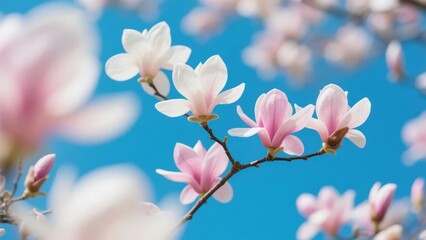 Blooming magnolia flowers against a clear blue sky