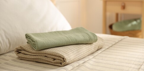Stack of clean towels on bed linens at home, closeup