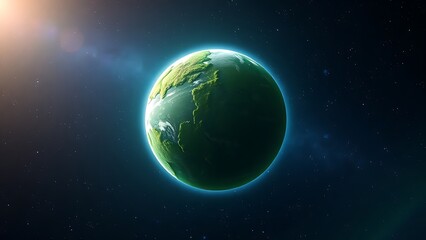 Fototapeta premium Lush green planet floating in space with a glowing atmosphere, depicting cosmic beauty.