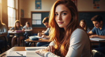Young woman with long red hair sits at desk in classroom,  focused on textbook.  Others are blurred in background, showcasing education, concentration, and learning