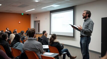 A lecture hall filled with attentive students listening to a presentation.