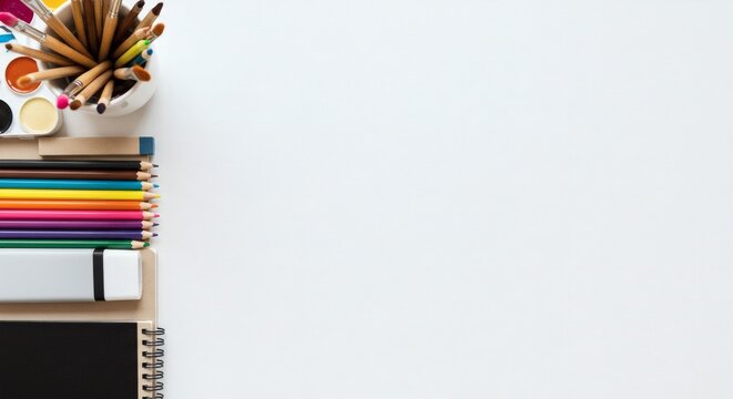 Creative back to school concept with a flat lay of colorful art supplies, including pencils and paints, on a white desk