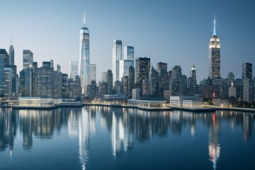 Obraz premium Futuristic city skyline with illuminated skyscrapers reflected in calm waterfront under twilight sky in peaceful urban nightscape scene.