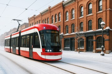 Modern red and white tram traveling on snowy urban street with historic brick buildings in wintertime city background.