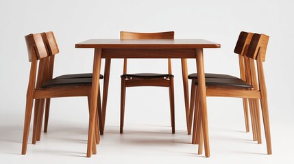 Mid-century modern dining set, featuring a rectangular wooden table and six simple, light-brown wooden chairs with dark upholstery. 