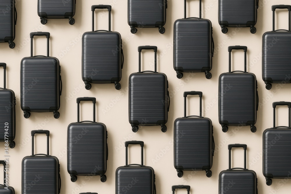 Poster seamless pattern of black travel suitcases with extended handles on beige background in minimal abst