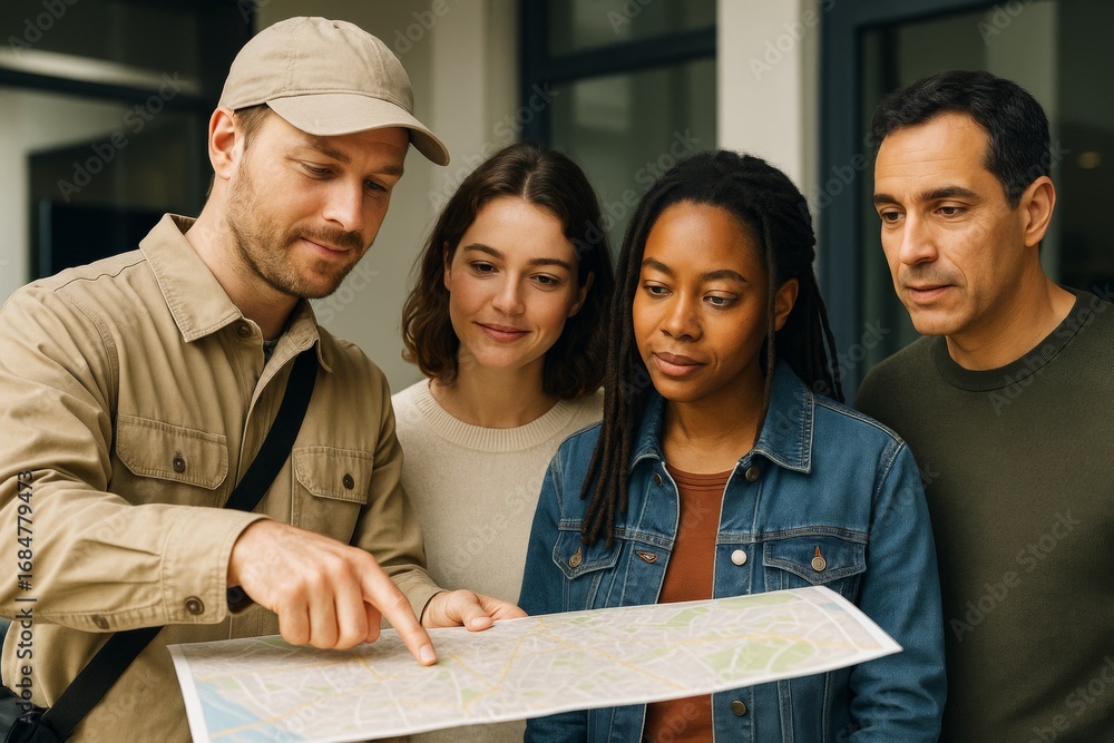 Poster group of diverse friends looking at a paper map together and planning a trip with thoughtful express