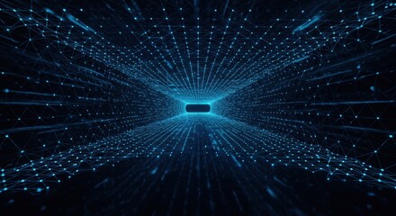 Abstract digital tunnel with blue glowing lights and particles.