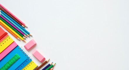 A vibrant assortment of school and office supplies including colored pencils, rulers, and notebooks arranged on a clean white background with ample copy space