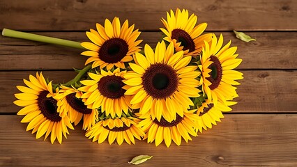 Golden-toned sunflower arrangement on rustic wood, radiating warmth and rustic charm.