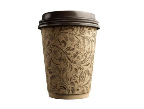 A disposable coffee cup, light brown, adorned with a dark, elegant floral design.  Dark brown lid.  Studio shot