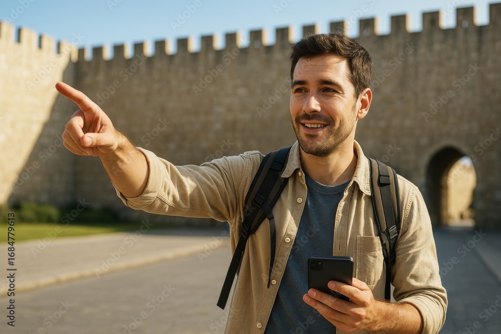 Aufkleber smiling traveler pointing ahead while holding smartphone near ancient stone wall with sunny backgrou
