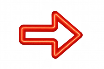 Glowing bright red neon arrow pointing rightward, illuminating transparent surface with directional design potential