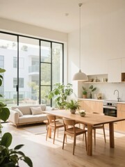 Fototapeta premium Modern Open-Plan Living and Dining Area with Large Windows and Natural Light
