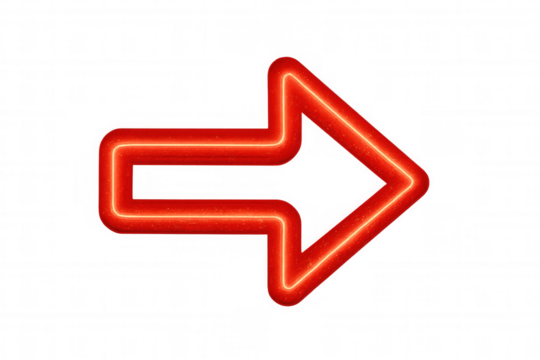 Glowing bright red neon arrow pointing rightward, illuminating transparent surface with directional design potential
