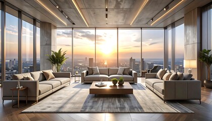 Luxurious penthouse living room with city views