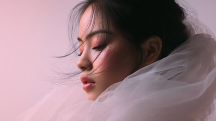 ベールのように白い布をまとい伏し目がちな女性の横顔