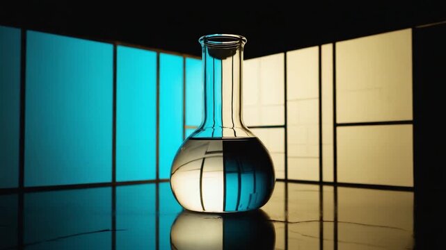 Laboratory Flask with Teal Liquid Against a Background of Colored Panels