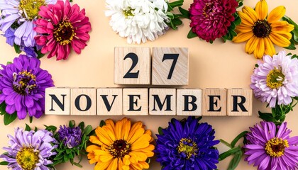Wooden Blocks with Date 27 November. Floral Calendar &ndash; Vibrant Flowers on Solid Colored Background