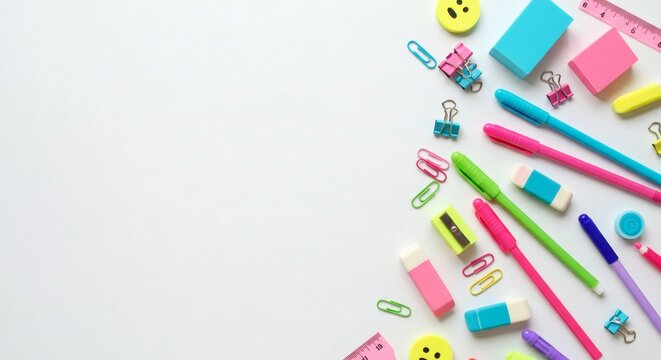 Colorful school and office supplies border on a clean white background with ample copy space for text - Powered by Adobe