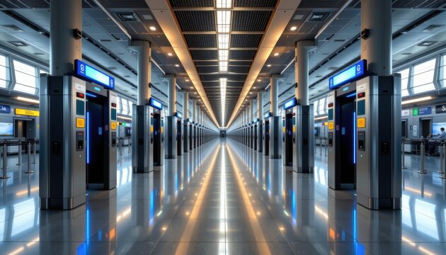 sixth generation network concept. Modern airport terminal with sleek architecture and reflective surfaces.