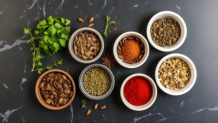 An artistic arrangement of dried herbs and spices in small bowls on a dark marble surface.