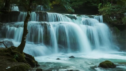 Fototapeta premium Serene Waterfall Cascading Through Forested Area